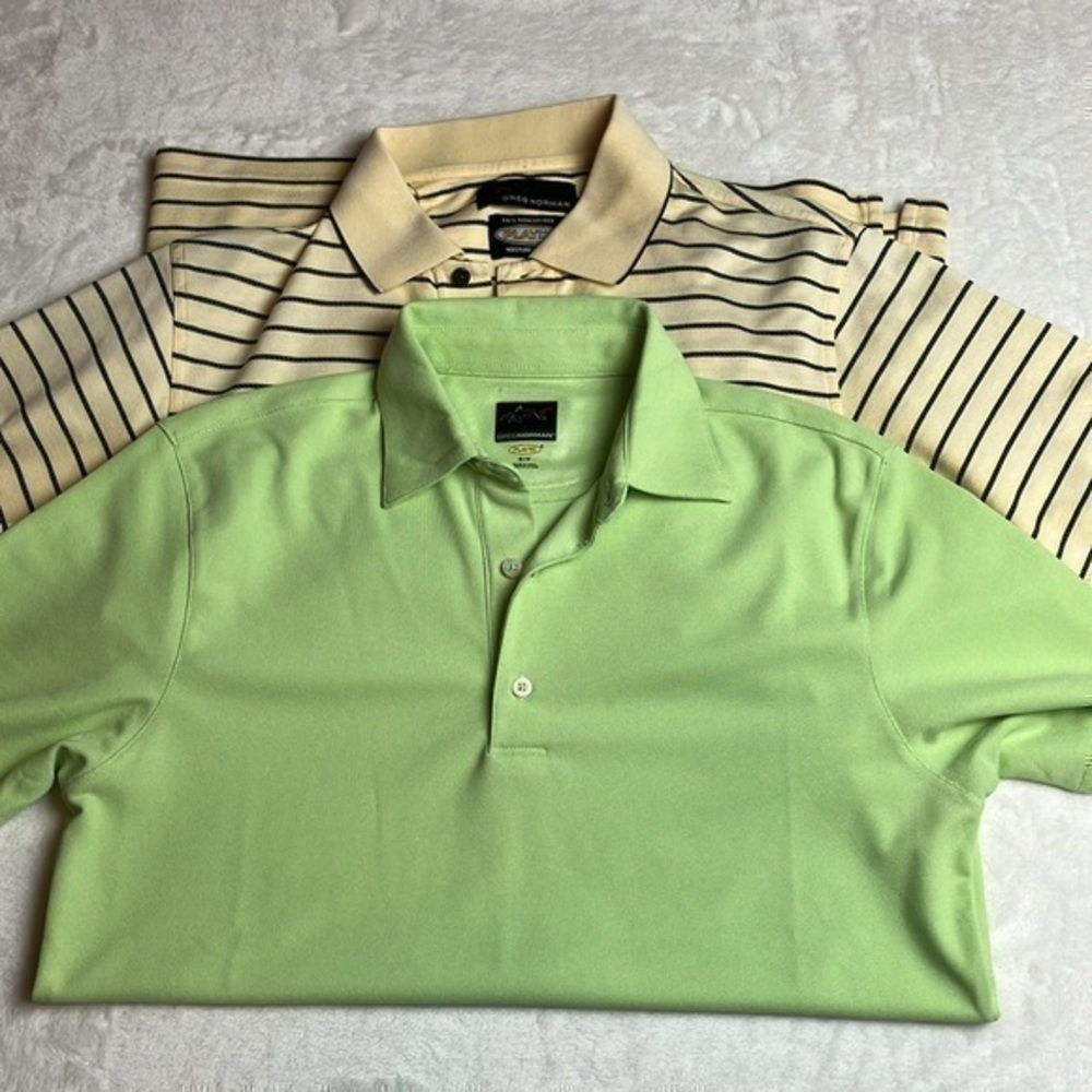 Greg Norman Play Dry Golf Polo neon green and yellow black striped shirts